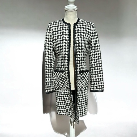 🌻VS2 By Vakko B&W Houndstooth Vegan Leather Trim Open Jacket Coat Size 4 - Picture 8 of 11